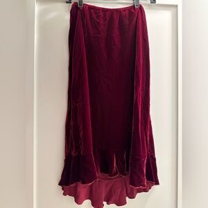 Jcrew Oxblood Velvet Elastic Waisted Midi Hi-Low Flounce Skirt